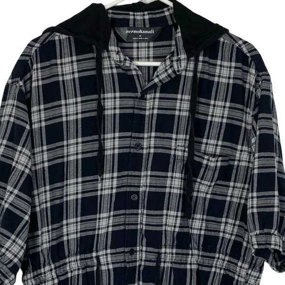 Norma Kamali Flannel Hoodie Shirt Womens Medium Black Plaid Hooded Tunic Top - Picture 3 of 12
